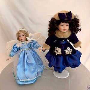 Charming Porcelain Doll Duo in Blue and Purple Dresses